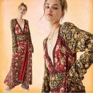 Free People Tilda Maxi Wrap Dress, Small Western Bohemian Fall Witchy Rust